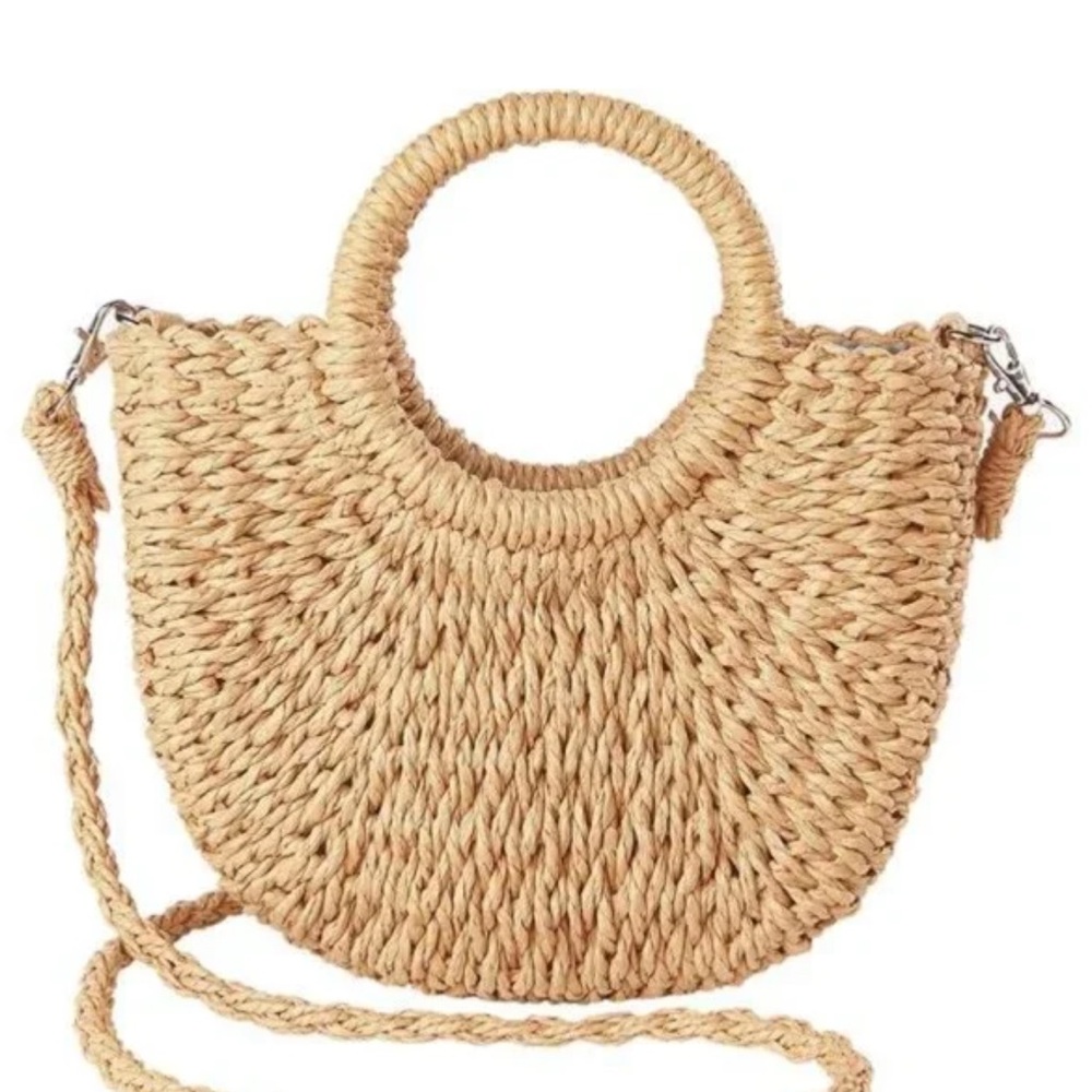 Tan Crossbody Bag with Woven Design and Bamboo Handles
